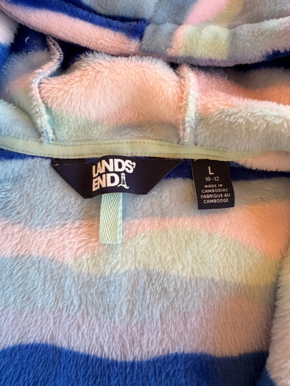 Lands’ End Girls Striped Fleece Zip Hoodie Jacket Multicolor Size L 10-12 EUC